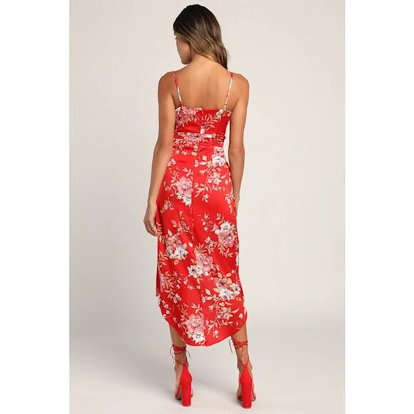 NWT Lulus My Favorite Day Red Floral Print Tulip Skirt Midi Dress Party Size XS - Picture 4 of 7
